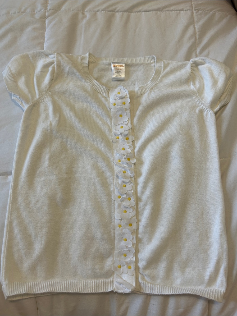 Girl’s US 7-8 Gymboree— White Short-Sleeve Floral-Trim Cardigan